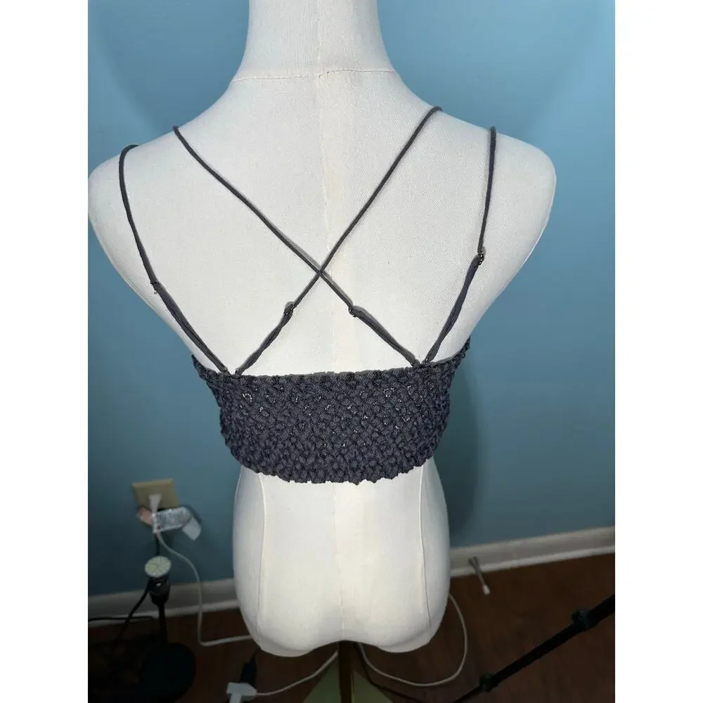 Free People Adella Bralette Gray Crochet Lace festival summer Medium layering
